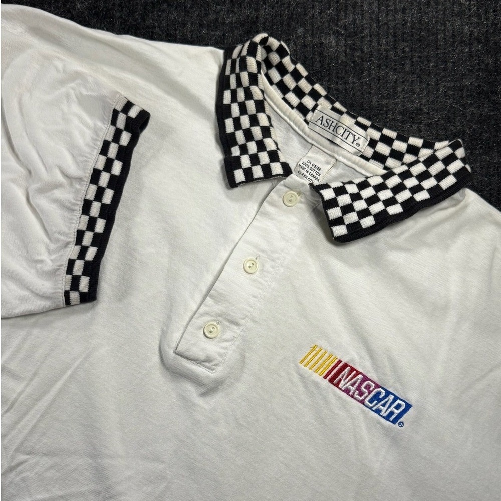 Vintage Ash City NASCAR Polo Shirt White Checkered Collar XXL Racing Sportswear